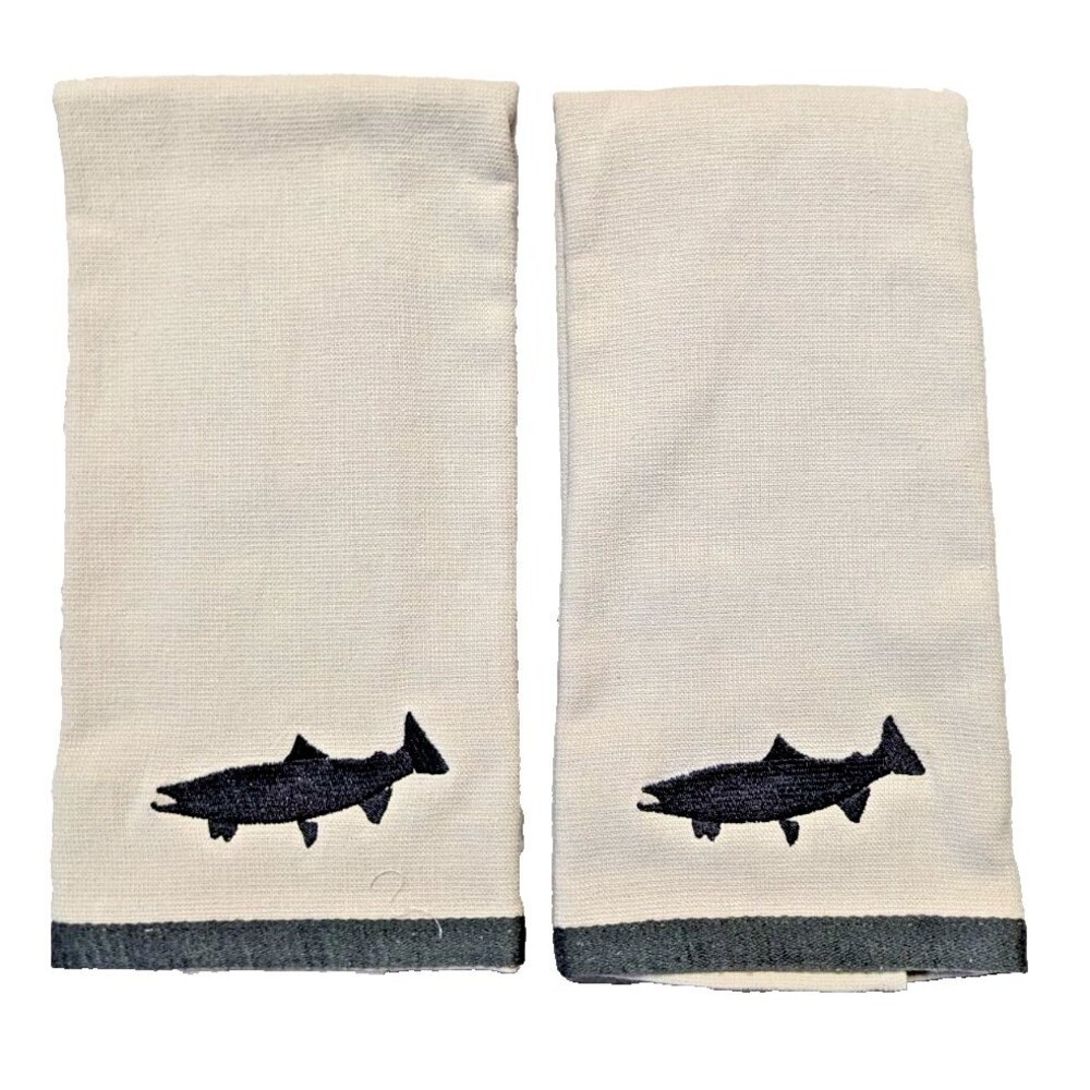 Mossy Oak Embroidered Fish Hand Towels Brown Tan 2pc 24" x 16" Bath Kitchen Gift